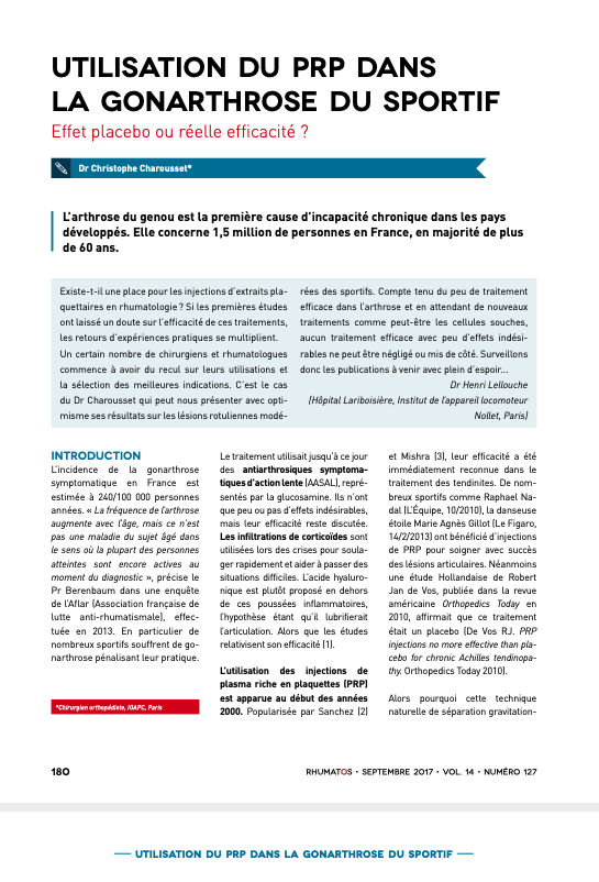 Article sur les injectons de PRP dans la chondropathie ou gonarthrose du genou du sportif par le docteur Christophe Charousset