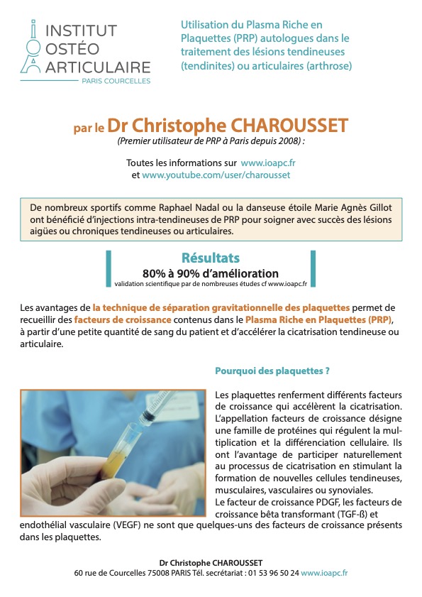 Fiche d'information patient pour injection de prp pour l'épaule ou le genou par le Docteur Christophe Charousset